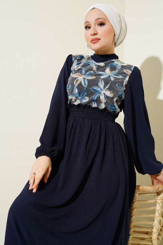 Navy Blue Dress with Tulle Flower Belt