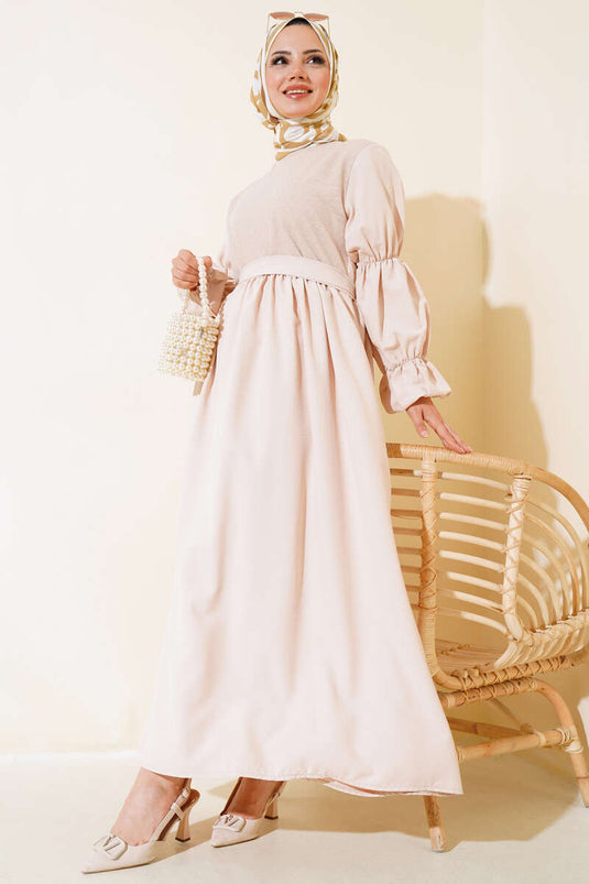 Robe Détaillée En Tulle Devant Beige