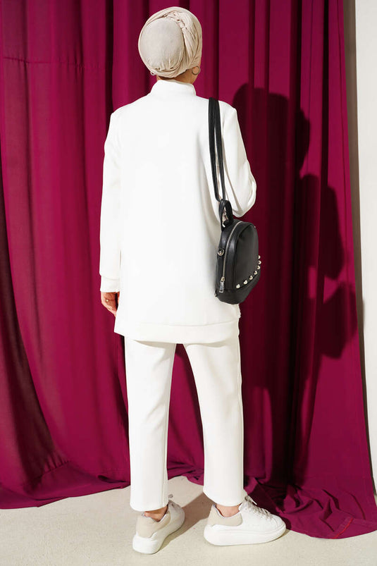 Ensemble deux pièces blanc en scuba avec devant en tulle