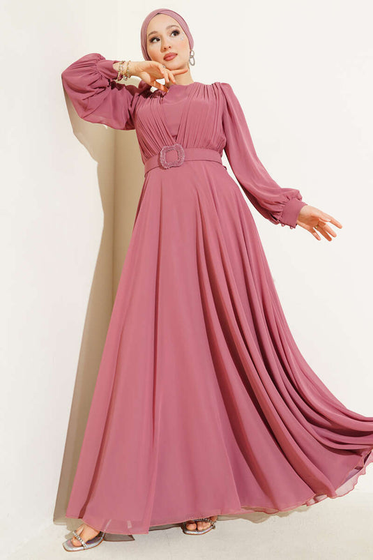 فستان سهرة بحزام مطوي على شكل حرف V - لون وردي باهت