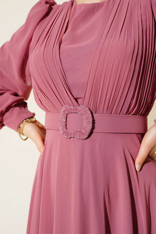 فستان سهرة بحزام مطوي على شكل حرف V - لون وردي باهت