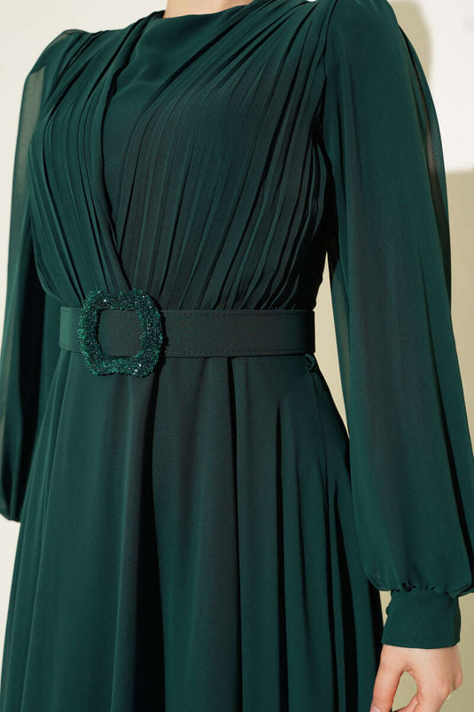 V-Front Pleated Belted Evening Dress Emerald