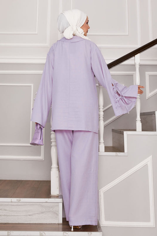 بدلة مكونة من قطعتين بتفاصيل دانتيل في الأمام والأكمام - أرجواني