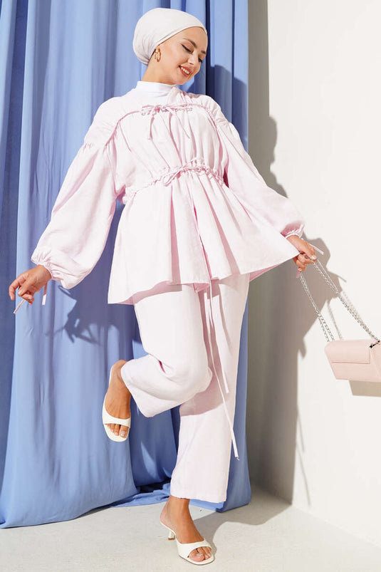 Pink Two Piece Set with Laced Front and Sleeves