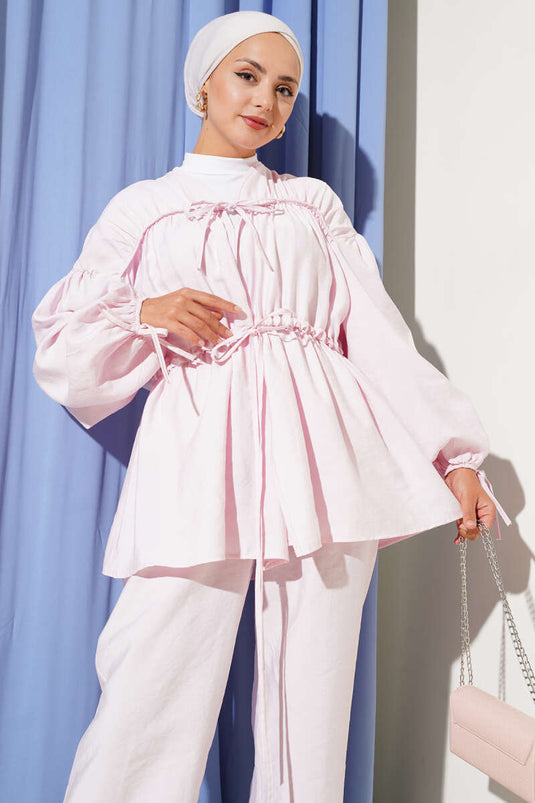 Pink Two Piece Set with Laced Front and Sleeves