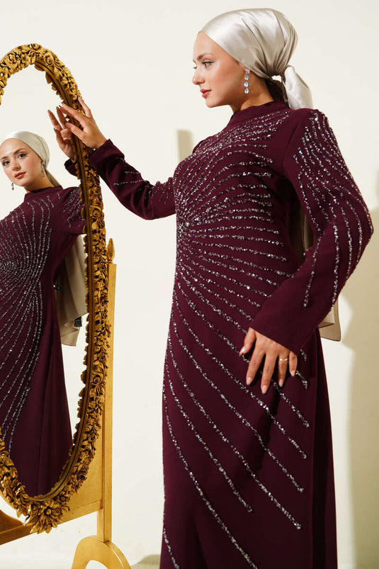 Burgundy Dress with Stone Embellished Front and Sleeves