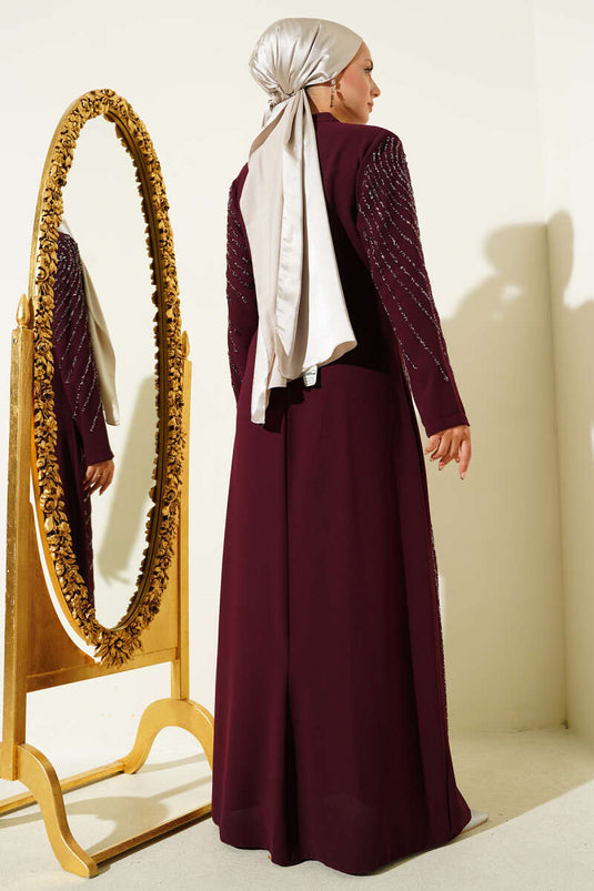 Burgundy Dress with Stone Embellished Front and Sleeves