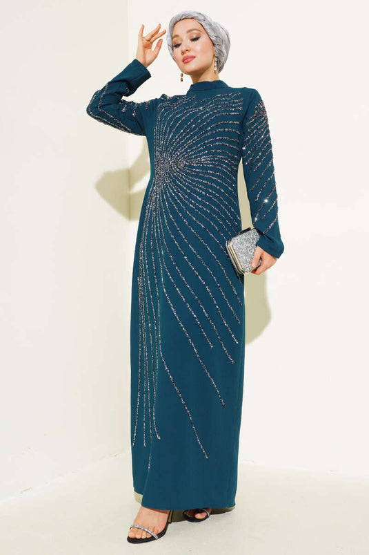 Abito decorato con pietre sul davanti e sulle maniche, Petrolio