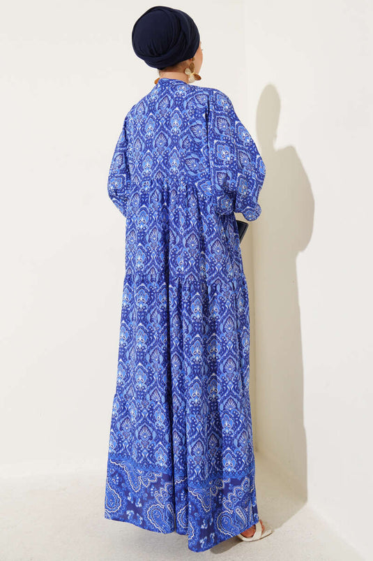 Half Button Front Patterned Floor Dress Navy Blue