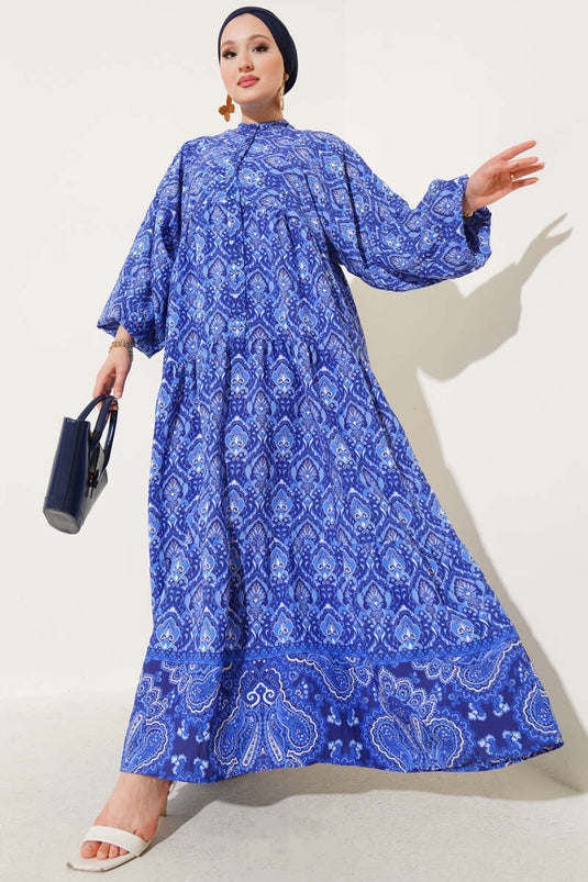 Half Button Front Patterned Floor Dress Navy Blue