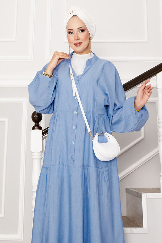 Önü Yarım Düğmeli Kat Kat Elbise Bebe Mavisi