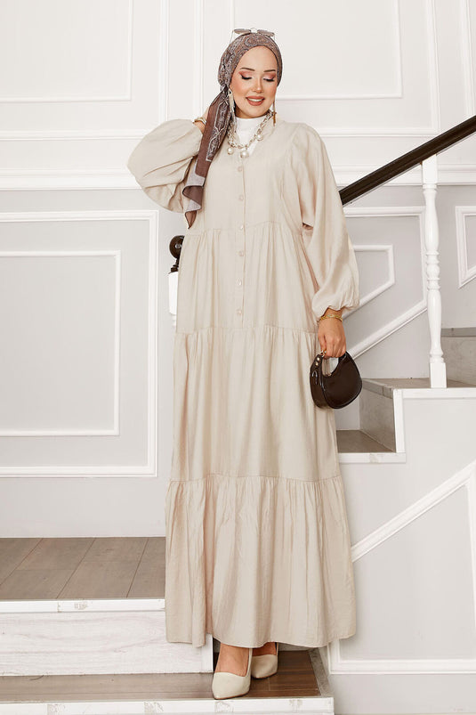 Half Buttoned Layered Dress Beige