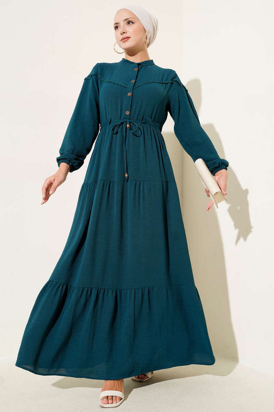 Half-Buttoned Layered Dress in Petrol