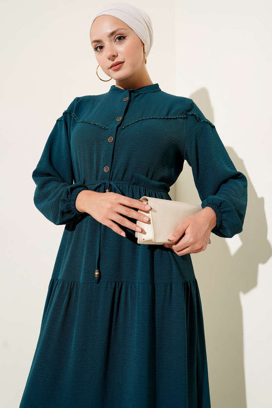 Half-Buttoned Layered Dress in Petrol