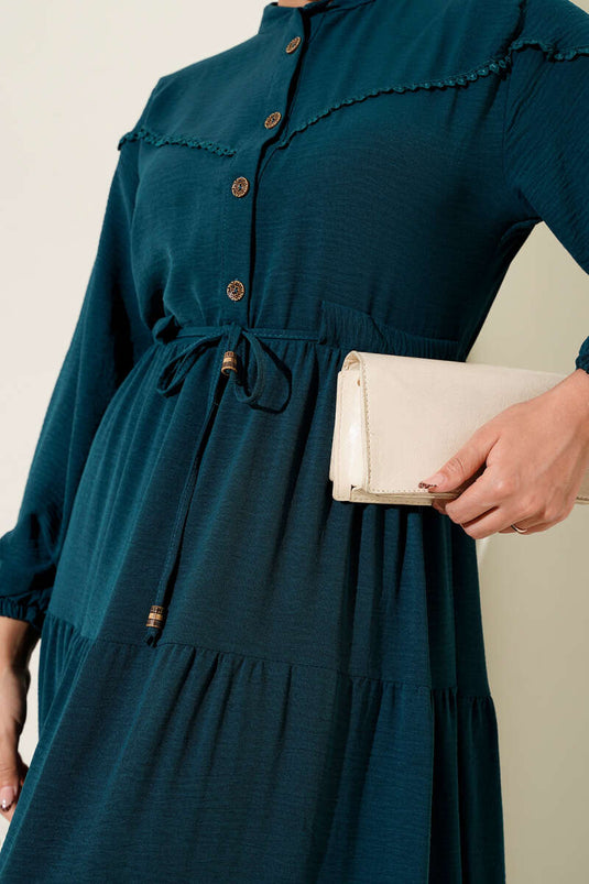 Half-Buttoned Layered Dress in Petrol