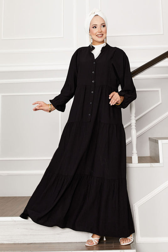 Half Button Front Layered Dress Black