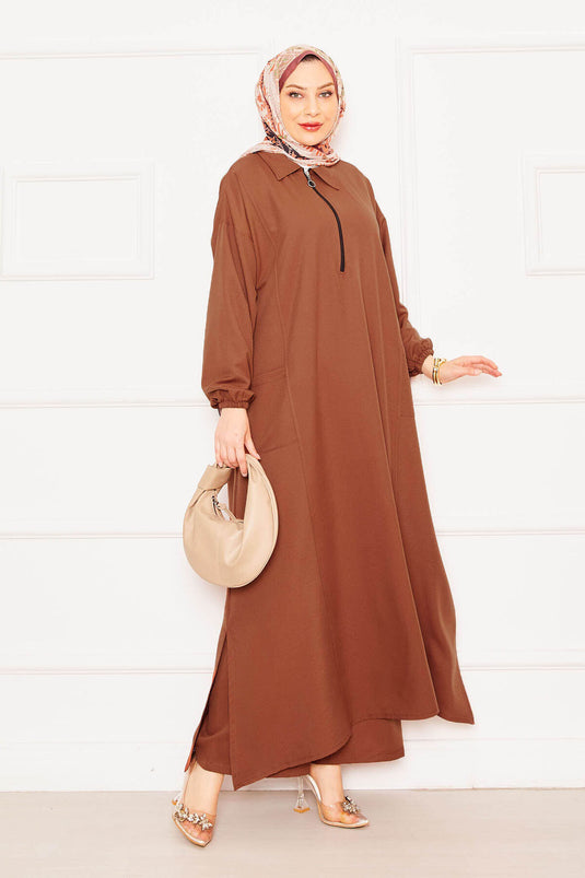 Front Half Zipper Detailed Comfortable Fit Hijab Suit Tan