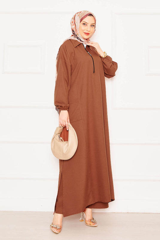 Front Half Zipper Detailed Comfortable Fit Hijab Suit Tan