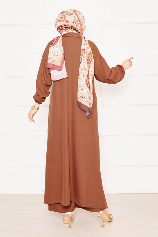 Front Half Zipper Detailed Comfortable Fit Hijab Suit Tan