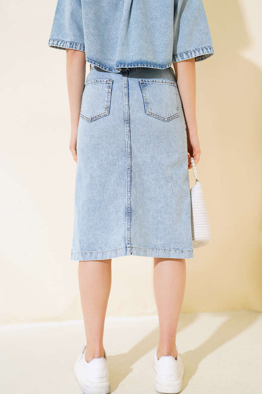 Front Slit Short Denim Skirt Light Snow