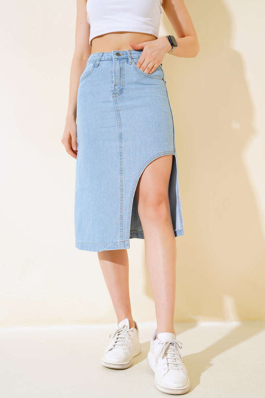 Front Slit Short Denim Skirt Light Blue