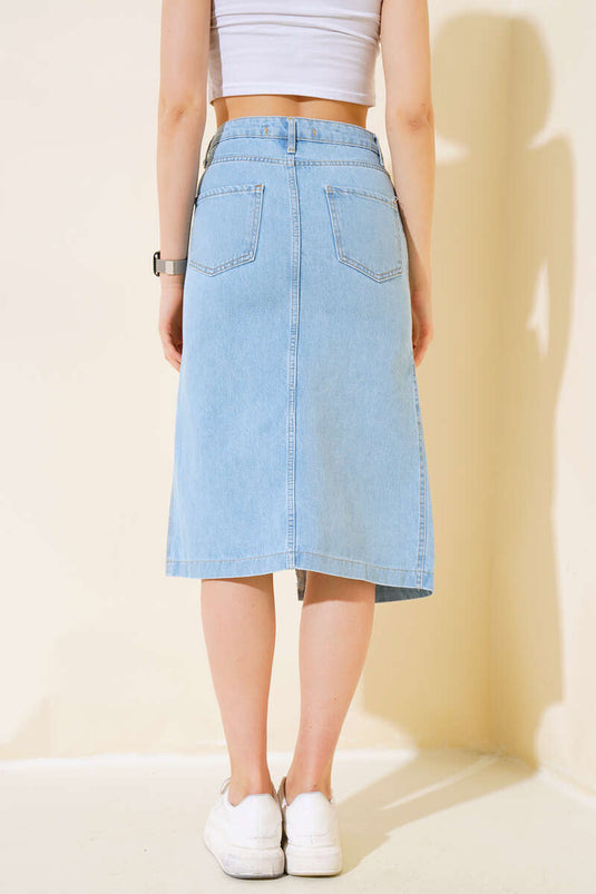 Front Slit Short Denim Skirt Light Blue