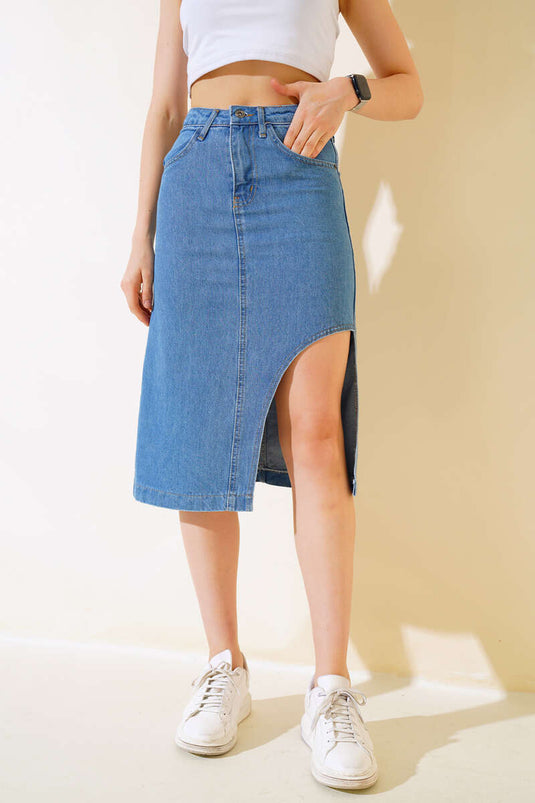 Front Slit Short Denim Skirt Medium Blue