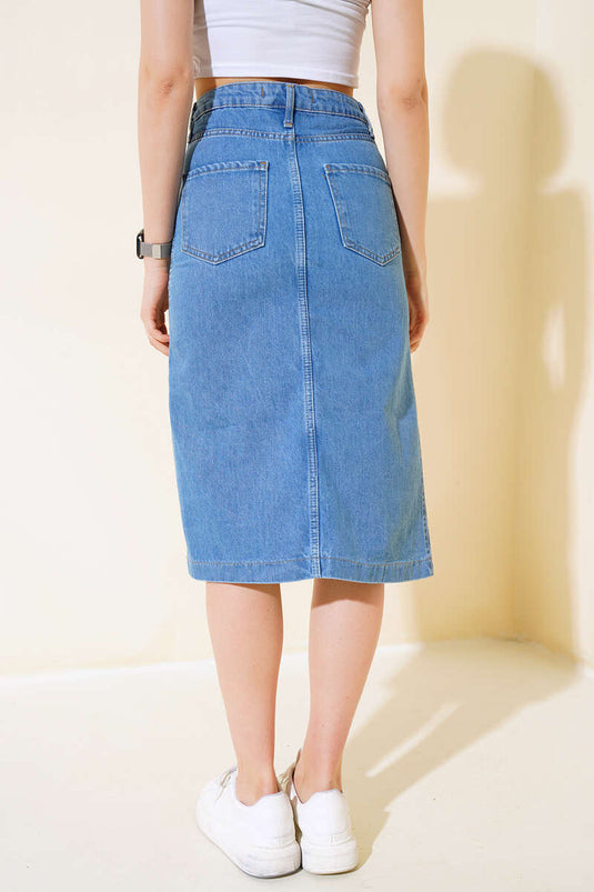 Front Slit Short Denim Skirt Medium Blue