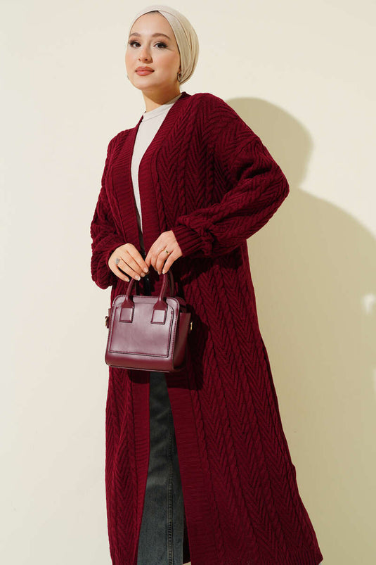 Knitted Shirred Long Knitwear Cardigan Burgundy