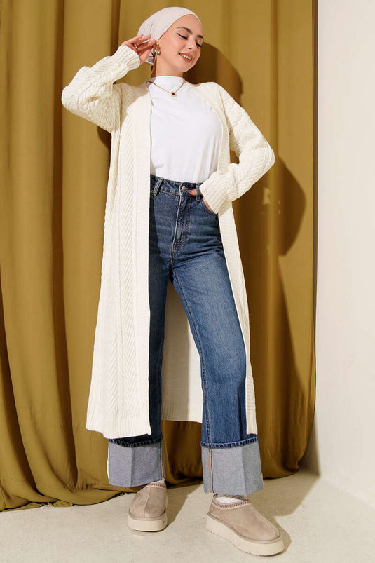 Cardigan long en maille froncée écru