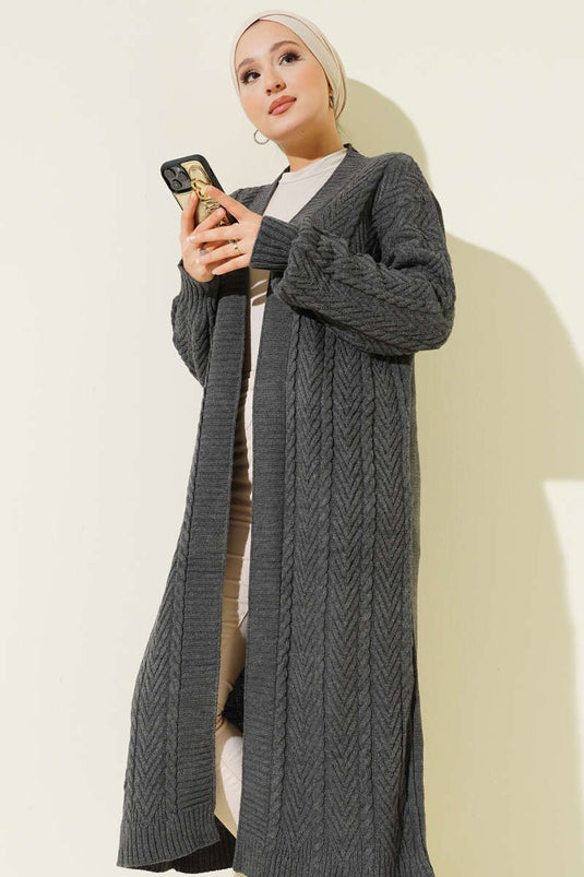 Knitted Shirred Long Knitwear Cardigan Smoke