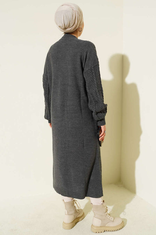 Knitted Shirred Long Knitwear Cardigan Smoke