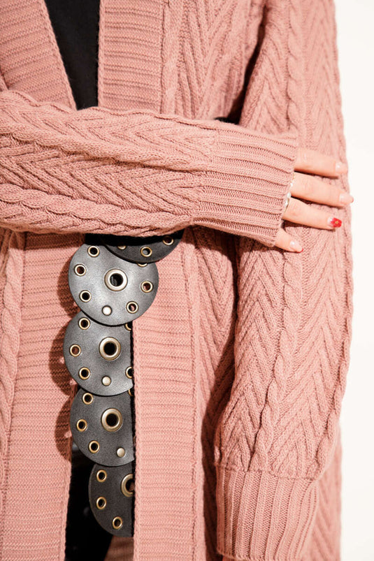 كارديجان محبوك طويل مكشكشة، لون وردي باهت
