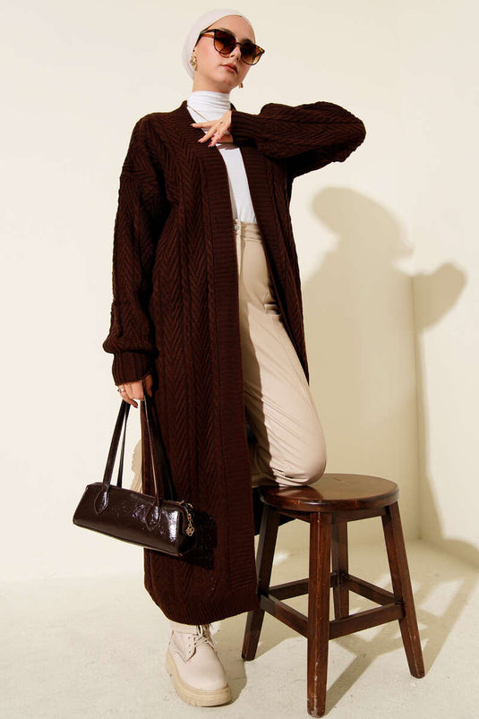 Cardigan long en maille froncée marron