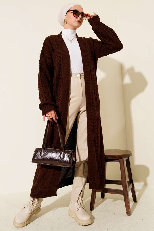 كارديجان محبوك طويل مكشكشة باللون البني