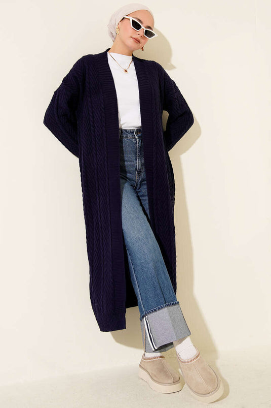 Cardigan long en maille froncée bleu marine