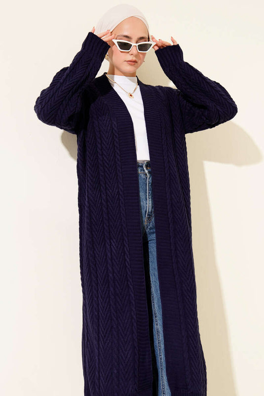 كارديجان محبوك طويل ومجمع باللون الأزرق الداكن