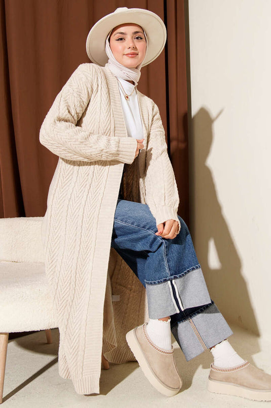 كارديجان محبوك طويل منقوش باللون الحجري