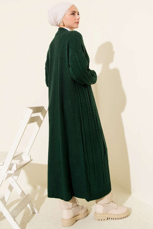 كارديجان طويل محبوك بغرزة مكشكشة، أخضر زمردي