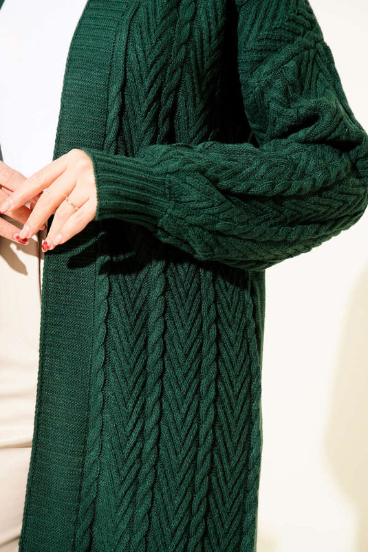 كارديجان طويل محبوك بغرزة مكشكشة، أخضر زمردي