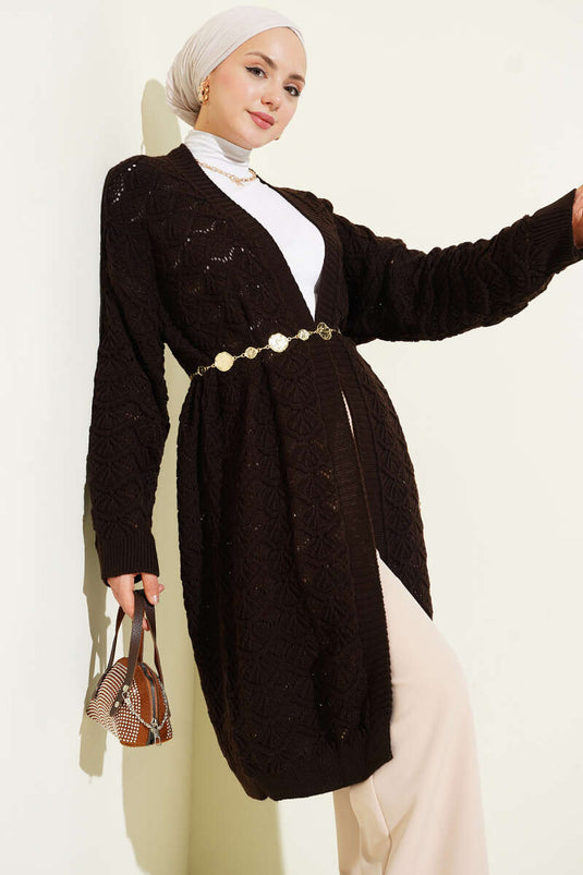 Cardigan En Tricot Avec Motif En Maille, Couleur Café Brûlé