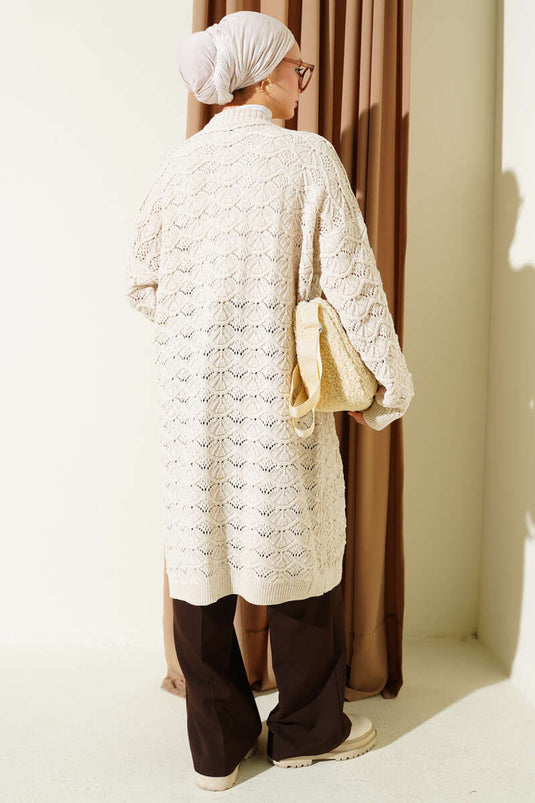 Knitted Pattern Detailed Wool Cardigan Stone