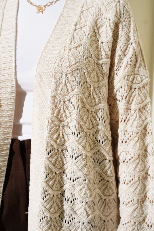 Knitted Pattern Detailed Wool Cardigan Stone