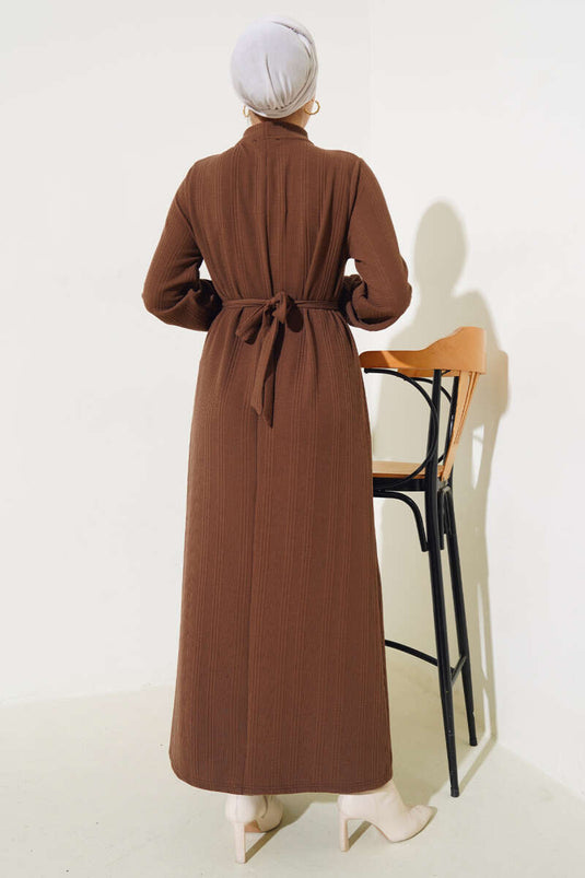 Robe Ceinturée à Motif Tricoté Marron