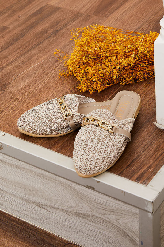 Örgü Desen  Zincir Detaylı Terlik Taş