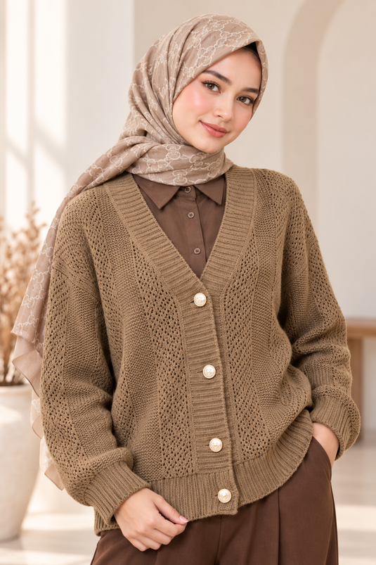 Örgü Desenli Düğmeli Triko Hırka Camel