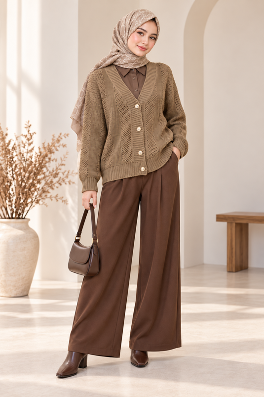 Örgü Desenli Düğmeli Triko Hırka Camel