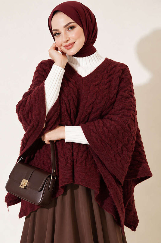 Poncho En Maille À Motifs Bordeaux