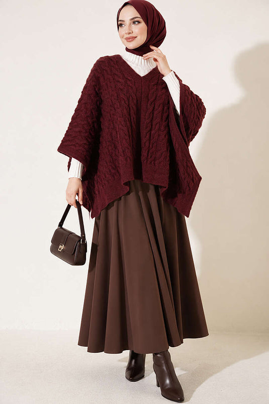 Poncho En Maille À Motifs Bordeaux