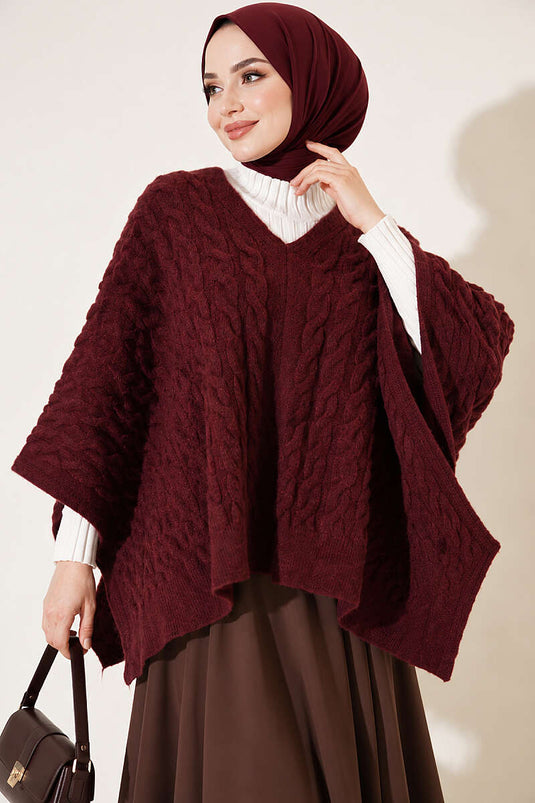 Poncho En Maille À Motifs Bordeaux
